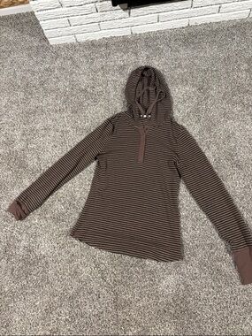 Striped Brown Hooded Henley Pullover